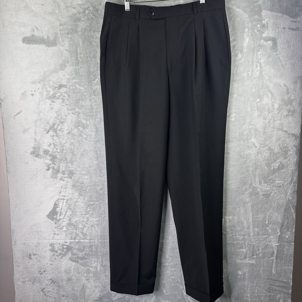 Hugo Boss Dress Pants Mens 35x33 Black Virgin Wool Pleated Cuffed USA